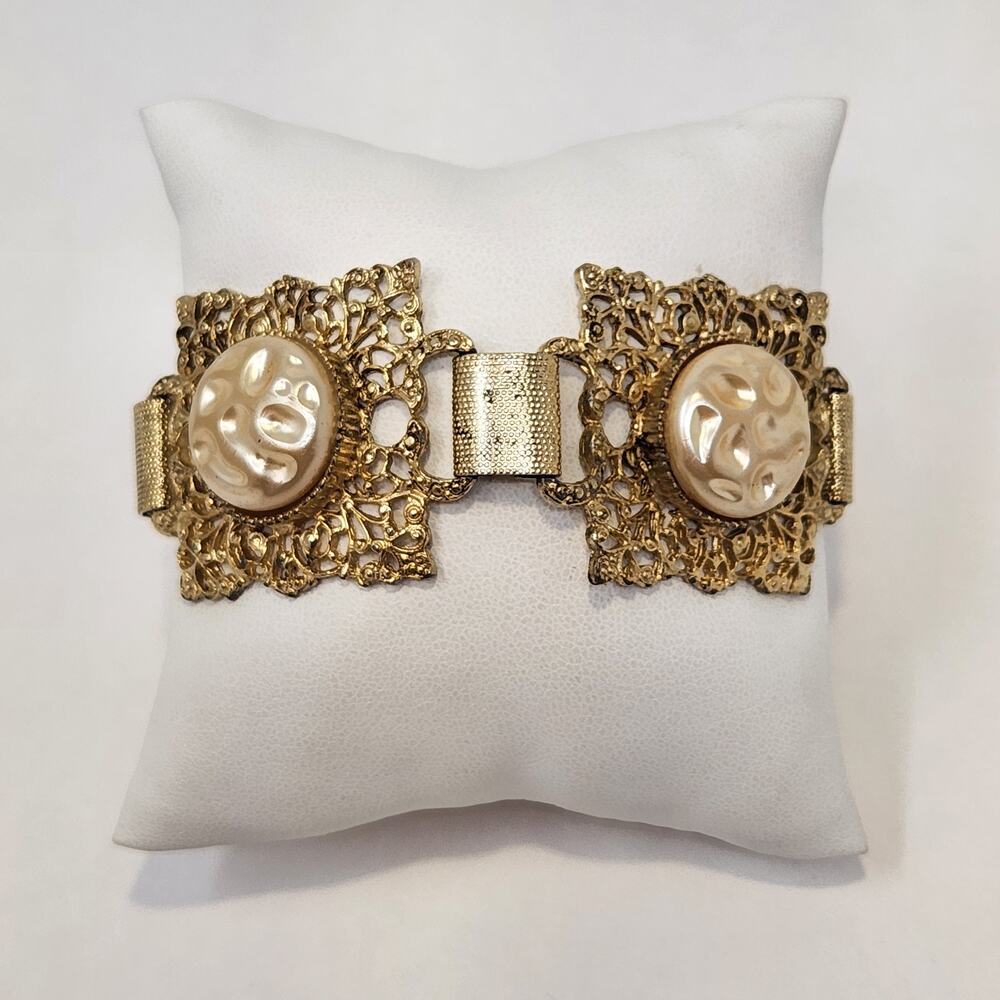 Filigree Gold Tone Panel Link Bracelet Faux Pearl Chunky Ornate Statement Retro